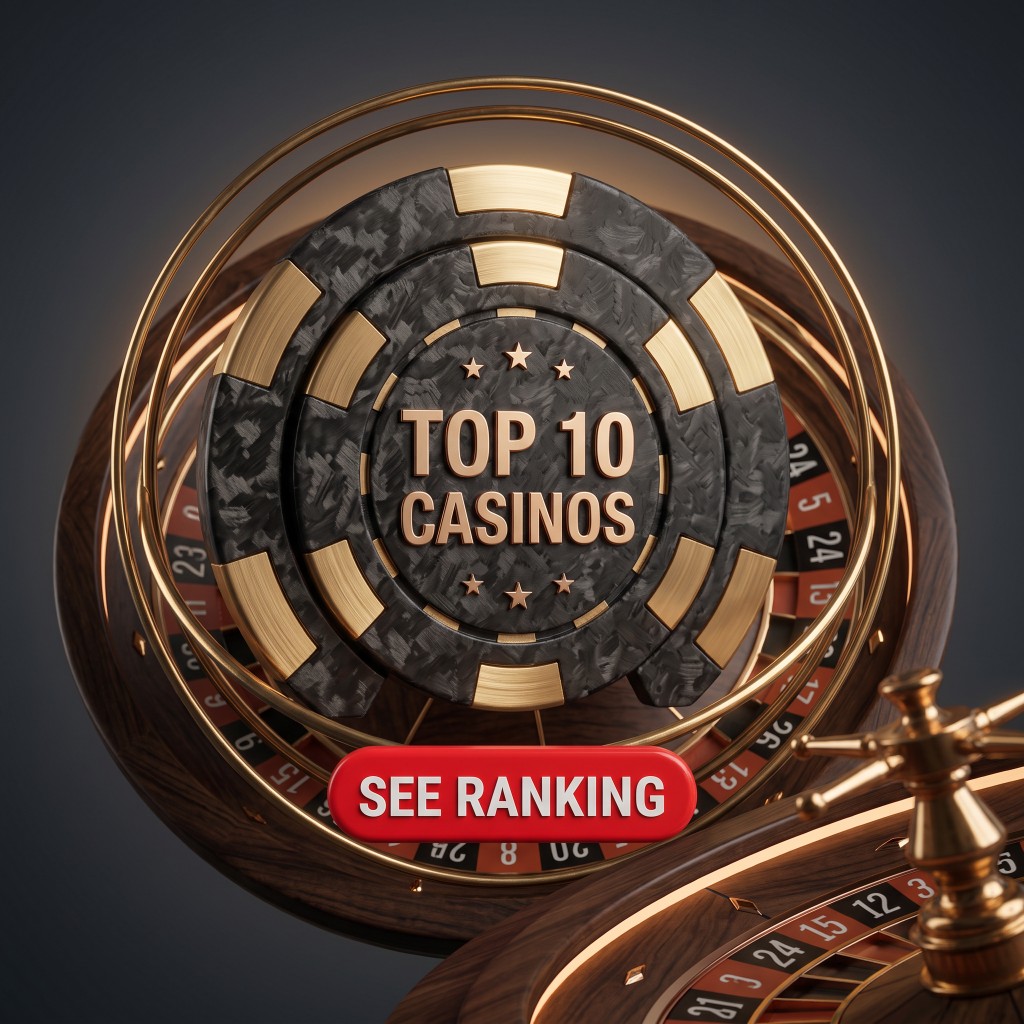 Casino chip reading Top 10 Casinos, set among roulette wheels